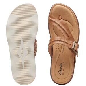Clarks Collection Tan Brown Leather Thong Flip Flop Sandals Slides 11 Wide NEW